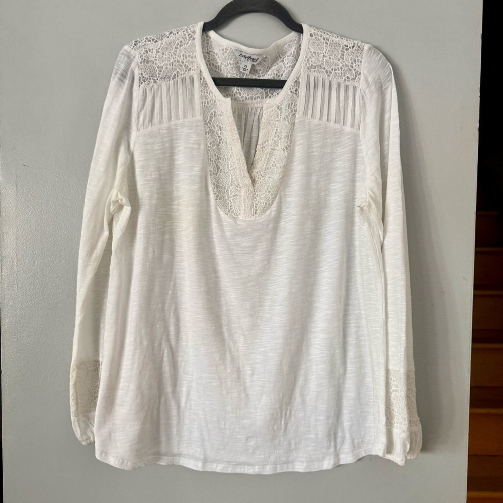 EUC Vintage Style Lucky Brand Lace Trim Top 🤍 Cottagecore Boho Peasant Blouse